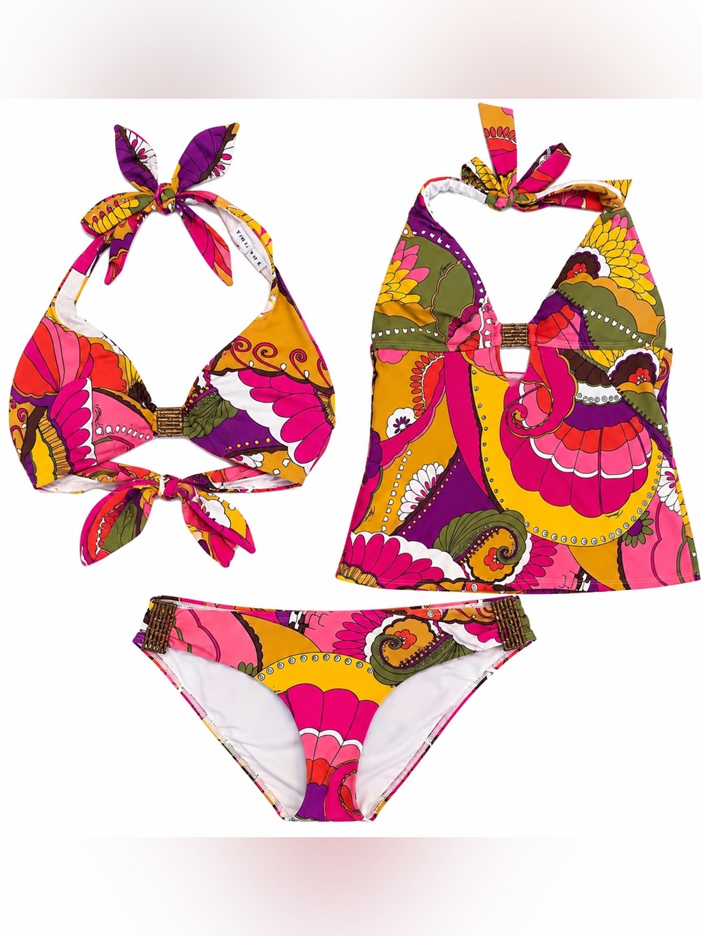 Trina Turk Pink, Yellow & Purple Paisley Three Piece Tankini/ Bikini Set